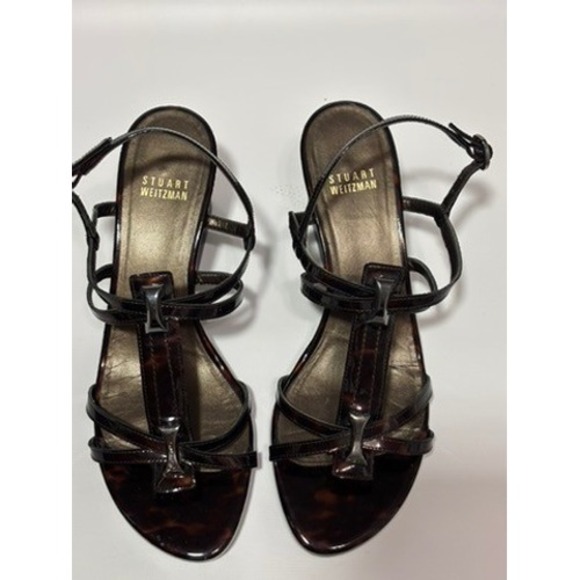 Stuart Weitzman Brown Tortoise Patent Leather Wedge Sandals Women's 8M Strappy - Picture 2 of 9
